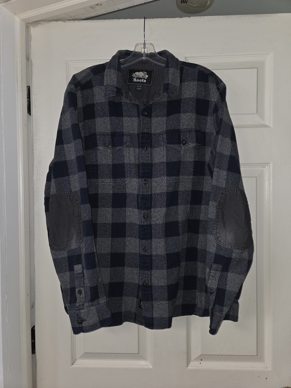 Roots Canada Bkue And Gray Buffalo Plaid Courderoy Patch Mens Xl Flannel Shirt